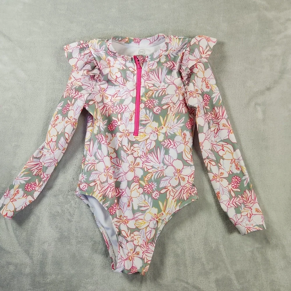 Wonder Nation Girl Swimsuit 5T Pink Multicolor Floral Long Sleeve Ruffle 1/4 Zip